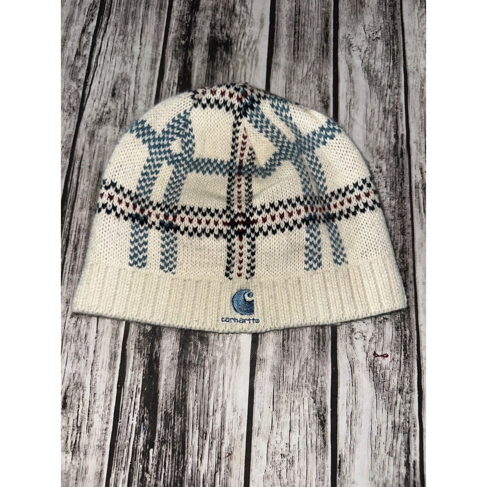 Carhartt Women's Winterfield Knit Hat Plaid Logo Green Cream